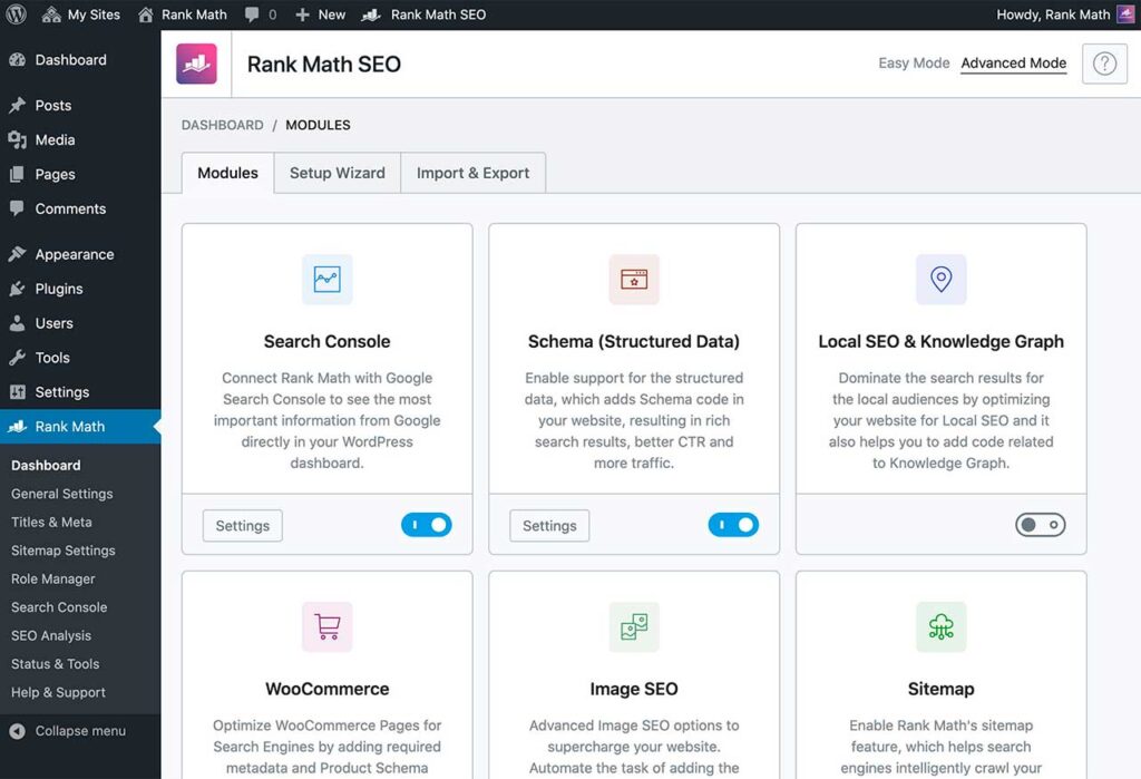 Plugin Rank Math Dashboard
